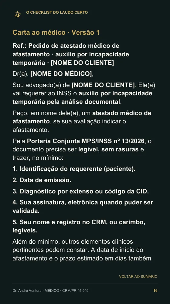 Página do guia com a carta ao médico